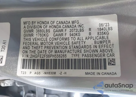 2023 Honda Civic Sport из США, поврежденный, VIN 2HGFE2F56PH556265